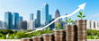 © Mamer - Financial growth and investment success represented by a rising arrow over stacked coins with a cityscape in the background