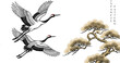 © Sohel - Traditional Japanese Crane Vector Illustration with Flying Red-Crowned Birds and Pine Tree Elements Isolated on White Background for Asian Pattern Designs