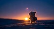 © RAHAD - A small furry toy creature standing on elevated ground, looking towards bright sunset on horizon under vast twilight sky, adventure concept.