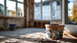 © Kateryna - Bright empty room undergoing active renovation bare stripped walls raw concrete floor with scattered plaster dust a single waste bin in the corner large window allowing