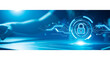 © TAWHID;EPS,JPG STOCK - Futuristic digital security concept with a glowing padlock icon protecting data networks and information on an abstract blue technology background banner