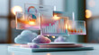 © Kateryna - A floating composition of glowing softly defocused data visualization panels hovers above a clean bright pastel platform with soft cloud icons data decisions faceless concept