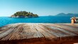 © Khadiza F - Awesome photo of empty wooden table top with a blurred view of a tropical island and turquoise sea in the background.