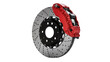 © Adrian - Red performance brake caliper gripping a perforated rotor, isolated on transparent background