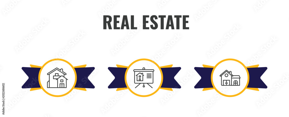 real estate outline icon set. thin line mansion, slides, house front ...