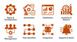 © bhinar - Set of eight orange flat business management and software development icons.