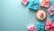 © Viktor - Birthday party setup with decorated cake and gift boxes. Festive confetti scatters across blue background. Celebration surprise, sweet treat, present opening.