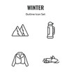 © Farahim - winter outline icon set. thin line snowy mountain, themos flask, fur coat, snowmobile icons. editable vector