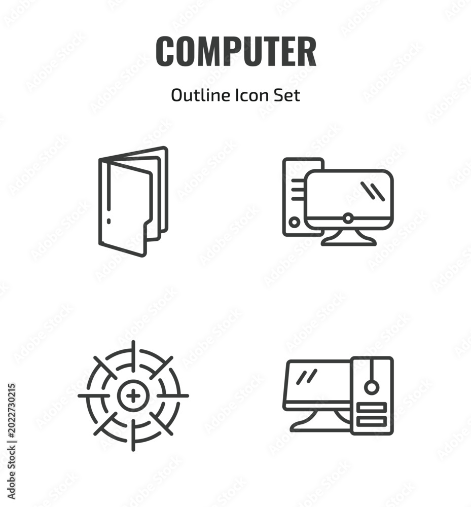 computer outline icon set. thin line computer folder, pc with monitor ...