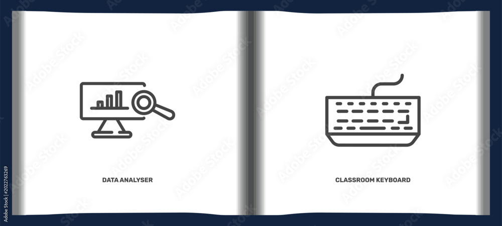 computer and tech icon set with data analyser, classroom keyboard signs ...