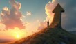 © Viktor - Person stands on grassy hill at sunset near large arrow pointing upward. Symbol of success, growth, and career advancement. Represents ambition and forward movement towards goals.