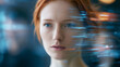 © Laura - Futuristic portrait of a woman with red hair showing digital distortion and motion blur effect, artistic tech concept, identity in the digital age, defocused background, with copy
