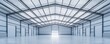 © Design@22 - Symmetrical wide-angle view of a vast, empty modern industrial warehouse with high corrugated metal roof, exposed trusses, gleaming concrete floor. Bright light from end door, Storage,