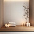 © Photography09 - Minimalist Japandi Zen Warm wood platform, white towels, glowing candles and dried branch create a tranquil spa relaxation space. Spa, Japandi