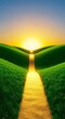 © Paul - A golden winding path leads through lush green rolling hills toward a bright glowing horizon, symbolizing a peaceful journey to success, way, vision, achievement