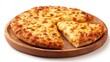 © SARPIA - Round, cheesy pizza on a light wooden serving plate, a slice is pulled away