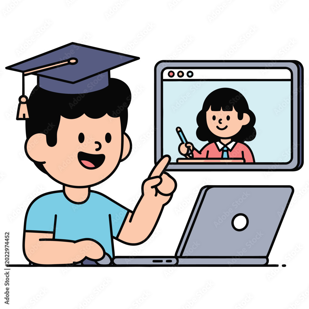 Happy student in graduation cap studying online using laptop with ...