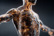© 0x17b - Representation of glowing internal structure in a human body model showing details of organs and systems with light effects in a dark setting Generative AI