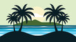 © Artist hub - A beautiful tropical island beach landscape with palm tree silhouettes against a sunset ocean sky vector illustration for your summer vacation paradise design