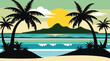 © Artist hub - A beautiful tropical island beach landscape with palm tree silhouettes against a sunset ocean sky vector illustration for your summer vacation paradise design