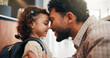 © peopleimages.com - Happy, dad and child with backpack, home and getting ready for first day of school or forehead touch. Man, smile and girl with bag for daycare in house, morning routine and preparing toddler to leave