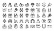 © MstNadiya - Big collection of wedding celebration, love romance, and marriage ceremony outline icons. Bride dress, rings, cake, and event party linear symbols.