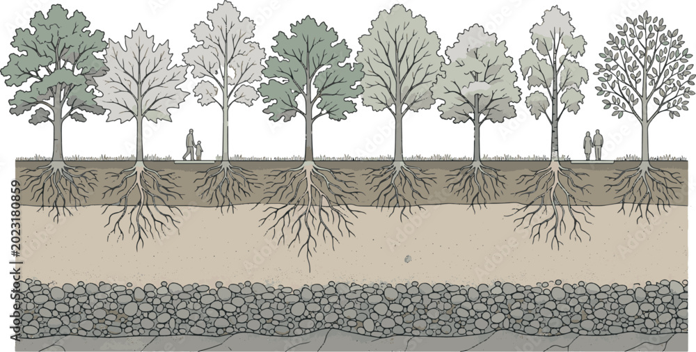 Hand drawn line of different forest trees showing underground root ...