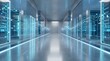 © Visual Creative - Futuristic high-tech data center with glowing server racks and dynamic digital information streams, symbolizing advanced cloud computing infrastructure and secure network solutions