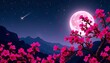 © CRISPIFLY - Serene Night Scene with Pink Moon and Crimson Blossoms
