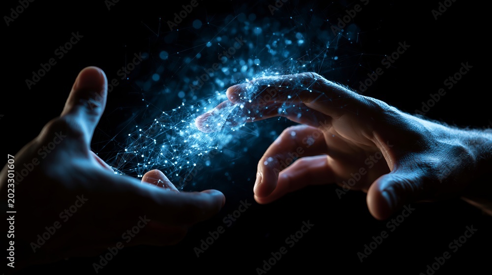Two hands come together, with a vibrant explosion of blue digital ...