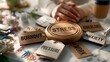 © bborriss - Wooden stress relief sign surrounded by tags labeled burnout, pressure, anxiety, work, and overload on a desk with various office supplies and a coffee cup