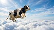 © Nurbahar - A black and white cow flying through the air above clouds