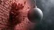 © 69 - Heavy metal wrecking ball demolishing solid red brick wall with flying debris and dust against dark smoky background in construction and destruction concept