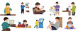 © Pixiso - Set of vector illustrations featuring a young boy interacting with modern technology, smart devices, and digital services for shopping, education, and home automation.