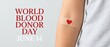 © Olga Ко - .World Blood Donor Day 2026 June 14 awareness poster with human arm, adhesive bandage and red heart symbol after blood donation on light gray background. Posters, greeting cards.