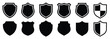 © LeWen - Shield badge icon set in solid and outline styles. Heraldic protection symbols for security, defense, emblem, logo, armor, medieval crest, insurance, privacy, and military design.