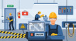 © Arana - Factory workers operating machinery in a modern industrial workshop with safety equipment.