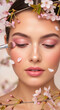 © NeuroCake - Young woman applying pink eyeshadow with brush. Spring beauty concept with cherry blossoms and falling petals