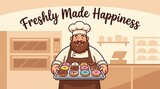 Vector illustration of bakery chef holding donuts, text “Freshly Made Happiness”