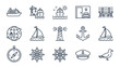 © MEHEDI - Set of 15 maritime and cruise line icons including cruise ship, port crane, ocean voyage, cabin, deck chairs, globe travel, sailboat, lighthouse, anchor, compass, ship wheel, captain hat, and seagull.