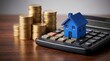 © horizon - Miniature house painted in striking cobalt blue resting on top of a dark calculator beside towering stacks of shiny gold coins on a desk.