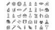 © Sahida - Laboratory equipment icons set with beakers, flasks, test tubes, microscope, burners, and chemical symbols in thin line style