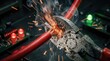 © Sonthana - A close-up of pliers cutting a red wire, sparking and emitting smoke, set against a blurred electronic circuit board background.