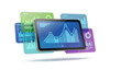 © A. A. MAMUN - Digital tablet displaying glowing financial data charts with multiple colorful transparent screens floating around the screen in white space