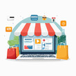 © Dua - Illustration of an e-commerce storefront on a laptop with shopping bags and payment icons on a clean white background.