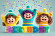 © liubovsolo - Cute animated children wearing colorful knitted sweaters and hats celebrating birthday with confetti around