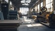 © aji - Sunlight streaming into an old industrial workshop with machinery.