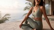 © Ramy - Woman Relaxing in Premium Activewear by Luxury Oceanfront Villa Pool During Peaceful Summer Wellness Retreat, Minimal Coastal Fitness Lifestyle Scene, AI Generated