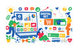 © Влада Яковенко - Multimedia Business Icons banner, lively flat vector banner scene about mixed multimedia, SEO, business, ecology, education, shopping, transport, medical, fitness, and lifestyle categories with 3