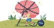 © Aliii - A young man uses a saw to break heavy metal chains tied around a large brain